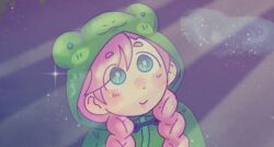 1girl animal_hood blue_eyes blush braid closed_mouth commentary english_commentary frog_hood hood hood_up hoshizora_lone looking_up pink_hair raincoat rana_(vocaloid) ranagain smile solo sparkle twin_braids vocaloid