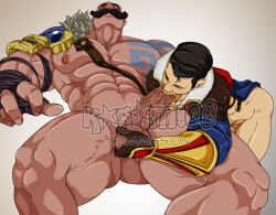 Rule 34 | 2boys, abs, bald, bara, bottomless, erection, facial hair, fellatio, kagami06, league of legends, male focus, multiple boys, muscular, oral, pectorals, penis, size difference, testicles, yaoi