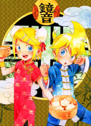 Rule 34 | 1boy, 1girl, animal print, bamboo, bear print, blonde hair, blue eyes, blush, brother and sister, china dress, chinese clothes, chinese text, cloud, dress, dumpling, earrings, fighting stance, food, hair bun, hair ornament, hairclip, holding, holding food, jewelry, kagamine len, kagamine rin, open mouth, panda print, siblings, traditional media, twins, vocaloid, wristband, yoneda (datsugoku)