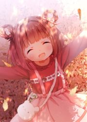 Rule 34 | 1girl, :d, ^ ^, animal bag, autumn leaves, bag, bear bag, blunt bangs, blush, bow, braid, brown bow, brown hair, chitosezaka suzu, closed eyes, commentary request, day, facing viewer, hair bow, leaf, open mouth, original, outdoors, outstretched arms, pink skirt, plaid, plaid bow, pleated skirt, red shirt, shade, shirt, shoulder bag, skirt, smile, solo, spread arms, sunlight, suspender skirt, suspenders