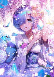 Rule 34 | 1girl, :d, apple caramel, artist name, blue eyes, blue hair, blush, breasts, bug, butterfly, choker, collarbone, commentary, copyright name, day, eyes visible through hair, floral print, flower, hair between eyes, hair flower, hair ornament, hair over one eye, hand to head, hands up, highres, hydrangea, insect, japanese clothes, kimono, long sleeves, looking at viewer, medium breasts, obi, open mouth, outdoors, petals, pink choker, re:zero kara hajimeru isekai seikatsu, rem (re:zero), sash, short hair, smile, solo, wide sleeves, x hair ornament