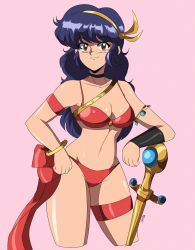 Rule 34 | 1980s (style), 1girl, absurdres, athena (series), bikini, breasts, brown eyes, cleavage, highres, looking at viewer, medium breasts, navel, oldschool, princess athena, purple hair, red bikini, retro artstyle, smile, snk, swimsuit, sword, thick thighs, thighhighs, thighs, weapon