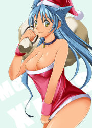 Rule 34 | 1girl, :3, animal ears, bad id, bad pixiv id, bell, blue background, blue hair, breasts, cat ears, christmas, cleavage, collar, collarbone, dress, dress tug, hat, jingle bell, kojou, large breasts, long hair, looking at viewer, neck bell, rance (series), sack, santa costume, santa hat, sengoku rance, simple background, skindentation, slit pupils, solo, sparkle, suzume (rance), wristband, yellow eyes