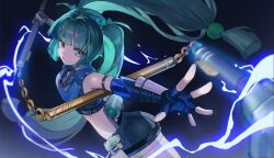 1girl absurdres androgynous blunt_bangs cowboy_shot fingerless_gloves from_side gloves green_eyes green_hair highres holding holding_weapon lightning long_hair looking_at_viewer nooodle_y open_mouth qingyi_(zenless_zone_zero) short_hair short_shorts shorts sidelocks simple_background solo twintails weapon zenless_zone_zero