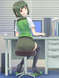 Rule 34 | 1girl, ass, computer, corded phone, desk, from behind, green hair, headset, idolmaster, idolmaster (classic), keyboard (computer), looking back, mole, mole under mouth, mouse (computer), muhi11234, otonashi kotori, pencil skirt, phone, red eyes, sitting, skirt, slippers, solo, thighhighs