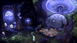 Rule 34 | bioluminescence, black eyes, bracelet, colored skin, commentary, commission, crystal, egg, english commentary, field, flower, flower field, forest, from behind, gertslime, glowing, highres, jewelry, landscape, leaf, looking at another, mamuta, moss, mushroom, nature, nintendo, no humans, no mouth, outdoors, pikmin (series), red eyes, red flower, rock, solid circle eyes, white flower, white pikmin, white skin