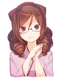 Rule 34 | 10s, 1girl, blush, bow, brown hair, commentary request, drill hair, glasses, hair bow, harukaze (kancolle), japanese clothes, kantai collection, kimono, long hair, long sleeves, looking at viewer, meiji schoolgirl uniform, meth (emethmeth), own hands together, red eyes, semi-rimless eyewear, smile, solo, twin drills, under-rim eyewear