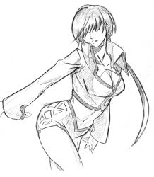 Rule 34 | 1girl, bad deviantart id, bad id, breasts, cleavage, cleavage cutout, clothing cutout, derivative work, greyscale, hair over eyes, highres, hiroaki (kof), large breasts, leaning forward, long hair, miniskirt, monochrome, navel, ponytail, popped collar, shermie (kof), skirt, snk, solo, the king of fighters, ultima original