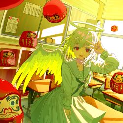 Rule 34 | 1girl, angel, angel wings, chair, chalkboard, classroom, cowboy shot, cropped, daruma doll, day, desk, dutch angle, feathered wings, halo, hand up, highres, indoors, kagenoyuhi, long sleeves, looking at viewer, neckerchief, original, pleated skirt, red eyes, sailor collar, sailor shirt, school chair, school desk, school uniform, serafuku, shirt, short hair, skirt, smile, solo, standing, tongue, tongue out, v, wings