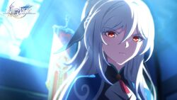 Rule 34 | 1girl, braid, chinese clothes, chinese commentary, closed mouth, hair between eyes, highres, honkai: star rail, honkai (series), jingliu (honkai: star rail), logo, long hair, looking at viewer, official art, official wallpaper, red eyes, solo, sunlight, v-shaped eyebrows, white hair
