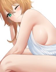 Rule 34 | 1girl, absurdres, armpits, ayunda risu, backless dress, backless outfit, bare back, bare shoulders, blush, breasts, brown hair, dobure18, dress, from side, green eyes, hair between eyes, hair ornament, hairclip, highres, hololive, hololive indonesia, large breasts, looking at viewer, naked sweater, no bra, one eye closed, simple background, sitting, solo, sweater, sweater dress, thighs, virtual youtuber, white background, white sweater