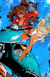 Rule 34 | 2girls, bare legs, belly, blonde hair, blue eyes, boots, bow, bracelet, breasts, brown-tinted eyewear, brown hair, child, cigarette, cloud, cross, dark-skinned female, dark skin, dress, driving, earrings, falling, gun, hair bow, hatchin morenos, hoop earrings, jewelry, long hair, michiko malandro, michiko to hacchin, motor vehicle, multiple girls, nail polish, navel, necklace, overlord jc, perspective, red-tinted eyewear, red-tinted glasses, scared, scooter, shorts, sky, smoking, sunglasses, tattoo, tears, tinted eyewear, twintails, vehicle, weapon