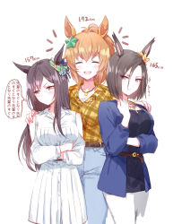 3girls, air groove (umamusume), animal ears, bangs, belt, blue jacket, blush, breasts, closed mouth, coat, collared shirt, crossed arms, denim, ear scrunchie, eyes closed, facing viewer, hair ornament, hairclip, height, height difference, highres, horse ears, jacket, jeans, jewelry, large breasts, long hair, long sleeves, looking away, mejiro dober (umamusume), multiple girls, necklace, notice lines, open mouth, orange hair, pants, plaid, plaid shirt, ponytail, romi (346 ura), shirt, shirt tucked in, short hair, simple background, smile, star (symbol), star hair ornament, taiki shuttle (umamusume), thought bubble, translated, umamusume, white background, white coat