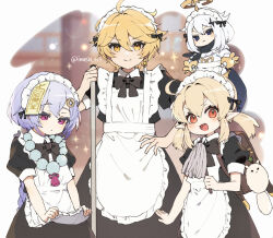 Rule 34 | 1boy, 3girls, aether (genshin impact), ahoge, apron, apron lift, black bow, black dress, black eyes, blonde hair, bow, broom, child, closed mouth, clothes lift, dress, genshin impact, hair between eyes, holding, holding broom, imoko (imo ss), klee (genshin impact), lifting own clothes, long hair, looking at viewer, maid, maid apron, maid headdress, medium hair, multiple girls, open mouth, pointy ears, purple hair, qiqi (genshin impact), red eyes, short sleeves, short twintails, smile, sparkle, talisman, twintails, white apron, white hair, yellow eyes