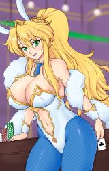 Rule 34 | ace (playing card), ace of clubs, animal ears, artist request, artoria pendragon (all), artoria pendragon (fate), artoria pendragon (lancer) (fate), artoria pendragon (swimsuit ruler) (fate), blonde hair, breasts, bunny day, card, clothing cutout, club (shape), fake animal ears, fate/grand order, fate (series), green eyes, gummslime, highres, huge breasts, large breasts, leotard, lipstick, long hair, makeup, md5 mismatch, navel, navel cutout, pantyhose, playboy bunny, playing card, poker chip, rabbit ears, resolution mismatch, scrunchie, self-upload, smile, solo, source larger