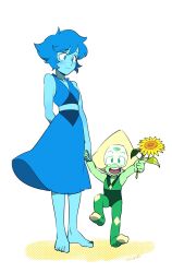 Rule 34 | 2girls, barefoot, blonde hair, blue eyes, blue hair, blue sarong, blue skin, closed mouth, colored skin, commentary, crop top, flower, green skin, highres, holding, holding flower, lapis lazuli (steven universe), light blush, looking at another, looking at viewer, multiple girls, nano8, peridot (steven universe), sarong, short hair, signature, simple background, sleeveless, smile, steven universe, sunflower, symbol-only commentary, white background