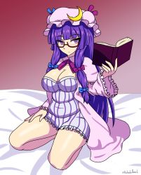 Rule 34 | 1girl, absurdres, aohadapeach, bed, bespectacled, blue bow, blue ribbon, blunt bangs, book, bow, breasts, cleavage, commentary, covered navel, crescent, crescent hat ornament, crescent pin, dress, expressionless, glasses, gradient background, hair bow, hat, hat ornament, hat ribbon, highres, holding, holding book, kneeling, large breasts, long hair, looking at viewer, mob cap, on bed, open book, patchouli knowledge, pink bow, pink neckwear, pink ribbon, plump, purple eyes, purple hair, red-framed eyewear, red background, ribbon, robe, short dress, simple background, solo, striped clothes, striped dress, symbol-only commentary, thighs, touhou, very long hair, wide sleeves