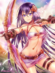 Rule 34 | 1girl, angelmaster, bow (weapon), breasts, long hair, navel, neme, official art, purple eyes, purple hair, smile, solo, thighhighs, underboob, weapon