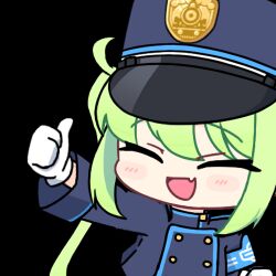 Rule 34 | 1girl, :d, acomu414, animated, animated gif, armband, bad source, black hat, blue archive, blue armband, buttons, chibi, closed eyes, commentary, double-breasted, english commentary, fang, gloves, hand up, hat, long hair, long sleeves, looping animation, lowres, nozomi (blue archive), open mouth, outstretched arm, peaked cap, skin fang, smile, solo, sparkle, thumbs up, transparent background, twintails, upper body, white gloves