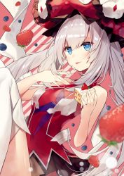 Rule 34 | 1girl, bare arms, bare shoulders, blue eyes, blush, cake, dress, fate/grand order, fate (series), food, from side, fruit, hair between eyes, hat, highres, holding, holding food, long hair, looking to the side, marie antoinette (fate), necomi, red dress, silver hair, solo, strawberry, strawberry shortcake, thighhighs, tongue, tongue out, twintails, white thighhighs
