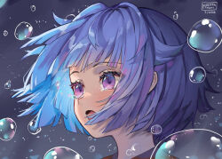 Rule 34 | 1girl, blue hair, blush, bubble, commentary, copyright request, dated, english commentary, kobutanori, looking away, open mouth, portrait, purple eyes, signature, solo, tears