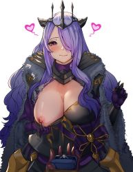 Rule 34 | alternate costume, breasts, camilla (fire emblem), cleavage, fire emblem, fire emblem fates, fire emblem heroes, gloves, highres, jewelry, large breasts, long hair, nintendo, nipples, nyahpa20, official alternate costume, one breast out, ornate ring, marriage proposal, purple gloves, purple hair, ring, simple background, smile, very long hair, wavy hair, wedding ring, white background