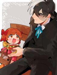 Rule 34 | 1boy, 1girl, :3, basket, beachricefield, bench, black coat, black hair, black jack (character), black jack (series), blue ribbon, bow, brown eyes, brown hair, child, closed mouth, coat, collared shirt, food, hair between eyes, hair bow, highres, holding, holding food, long sleeves, looking at another, multicolored hair, multiple hair bows, neck ribbon, open mouth, patchwork skin, picnic basket, pinoko, red eyes, ribbon, sandwich, scar, scar on face, shirt, short hair, sideburns, simple background, sitting, smile, split-color hair, thick eyebrows, two-tone hair, watercolor effect, white hair, white shirt