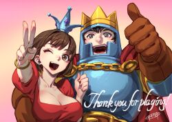 Rule 34 | 1boy, 1girl, absurdres, armor, babe (jump king), babe (jump king) (cosplay), breasts, brown eyes, brown gloves, brown hair, cape, chain, cleavage, cosplay, crown, dress, earrings, english text, full armor, gloves, gradient background, highres, jewelry, jump king, jump king (character), jump king (character) (cosplay), kionaoki, large breasts, looking at viewer, one eye closed, open mouth, puffy short sleeves, puffy sleeves, red cape, red dress, second-party source, short sleeves, smile, thank you, v