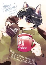 Rule 34 | 1boy, animal ears, artist name, bishounen, black fur, black hair, body fur, chair, claws, cup, dated, dog boy, dog ears, drink, english text, furry, gradient background, green sweater, hands up, highres, holding, holding cup, long sleeves, looking at viewer, male focus, merry christmas, mixed-language commentary, mokotalow11, mug, open mouth, orange background, original, purple eyes, short hair, simple background, sitting, solo, sweater, turtleneck, turtleneck sweater, upper body, white fur