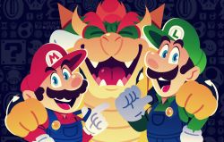 Rule 34 | 3boys, blue eyes, bowser, brothers, claws, closed eyes, facial hair, gloves, grin, hand on another&#039;s shoulder, hand on own hip, hat, horns, hug, laughing, looking at viewer, luigi, mario, mario (series), multiple boys, mustache, nintendo, open mouth, overalls, pointing, siblings, smile, spikes, standing, the super mario bros. movie