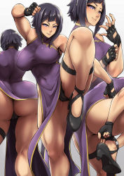 Rule 34 | 1girl, ass, blue hair, breasts, china dress, chinese clothes, dress, fighting stance, fingerless gloves, gloves, highres, kicking, large breasts, looking at viewer, martial arts, medium hair, mixed-sex combat, multiple views, muscular, muscular female, original, packge, panties, pantyshot, pelvic curtain, reverse ryona, sidelocks, smile, thong, underwear