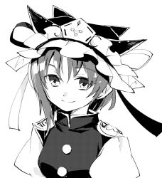 Rule 34 | 1girl, greyscale, hat, looking at viewer, makuwauri, monochrome, shiki eiki, short hair, simple background, smile, solo, touhou, upper body