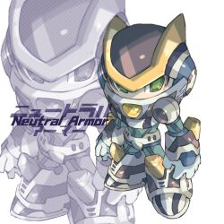 Rule 34 | 1boy, android, arm cannon, commentary, english commentary, english text, green eyes, helmet, highres, iikoao, male focus, mega man (series), mega man x8, mega man x (series), mixed-language commentary, neutral armor x (mega man), solo, weapon, x (mega man)