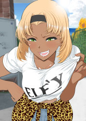Rule 34 | 1girl, animal print, black hairband, blonde hair, blurry, blurry background, blush, breasts, cleavage, clothes around waist, cloud, cowboy shot, day, denim, covered erect nipples, fang, female focus, flower, green eyes, gyaru, hairband, half-closed eyes, hand on own hip, hands up, hanging breasts, highres, jeans, large breasts, leaning forward, leopard print, light blush, looking at viewer, medium hair, mature female, minamida usuke, naughty face, navel, nose blush, ocean, open mouth, original, outdoors, pants, shirt grab, sky, smile, solo, standing, sunflower, tan, tomodachi no mama roshutsu jiyuu kenkyuu, water