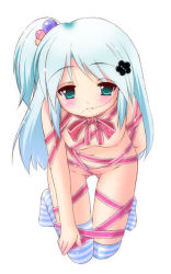 Rule 34 | 1girl, aqua hair, breasts, green eyes, long hair, naked ribbon, nipples, original, ribbon, shiou tsuyukusa, side ponytail, simple background, small breasts, solo, striped clothes, striped thighhighs, thighhighs, white background