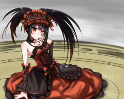 Rule 34 | 10s, 1girl, bare shoulders, black hair, blush, bow, breasts, chawa (yossui009), choker, cleavage, clock eyes, collarbone, date a live, detached sleeves, dress, frills, hairband, heterochromia, highres, lolita fashion, lolita hairband, long hair, long sleeves, looking at viewer, red eyes, ribbon, smile, solo, symbol-shaped pupils, tokisaki kurumi, twintails, uneven twintails, yellow eyes