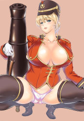 Rule 34 | 1girl, blonde hair, blue eyes, blush, boots, breasts, cannon, censored, cleavage, cleavage cutout, clothing cutout, gloves, hat, highres, huge breasts, looking at viewer, military, military uniform, mosaic censoring, nose blush, open mouth, panties, persis (sennen sensou aigis), ponytail, sennen sensou aigis, shako cap, shigaoka touki, spread legs, underwear, uniform