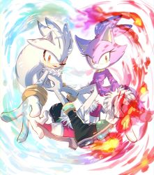 Rule 34 | 1boy, 1girl, blaze the cat, boots, closed mouth, dress, fire, furry, furry female, furry male, gloves, heart, looking at viewer, open mouth, orange eyes, purple dress, silver the hedgehog, simple background, sonic (series), tondamanuke, white fur, white gloves