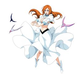 Rule 34 | 1girl, bleach, bleach: brave souls, blue eyes, breasts, cleavage, dress, dress shirt, full body, highres, inoue orihime, kubo tite, large breasts, long hair, midriff, navel, official art, orange hair, revealing clothes, shirt, simple background, skirt, solo