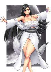 Rule 34 | 1girl, bare shoulders, black hair, blush, breasts, chest sarashi, cleavage, collarbone, commission, erkaz, feet out of frame, highres, huge breasts, long hair, long sleeves, looking at viewer, obi, original, purple eyes, robe, sarashi, sash, smile, solo, standing, tail, very long hair, white robe