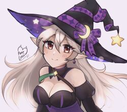 Rule 34 | 1girl, artist name, bare shoulders, black dress, breasts, cleavage, corrin (female) (halloween) (fire emblem), crescent, crescent hat ornament, detached sleeves, dress, earrings, fire emblem, fire emblem fates, fire emblem heroes, grey hair, halloween, halloween costume, hat, hat ornament, hat ribbon, highres, jewelry, large breasts, long hair, looking at viewer, nintendo, official alternate costume, pointy ears, purple ribbon, purrlucii, red eyes, ribbon, smile, solo, star (symbol), star hat ornament, upper body, white background, witch, witch hat
