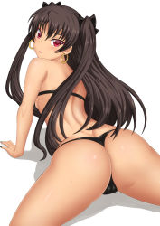 Rule 34 | ass, blush, board game, cameltoe, commentary, commentary request, earrings, fate (series), go (board game), highres, hoop earrings, ishtar (fate), jewelry, long hair, looking at viewer, looking back, mizutani rin, red eyes, shiny skin, simple background, solo, sweat, two side up, white background