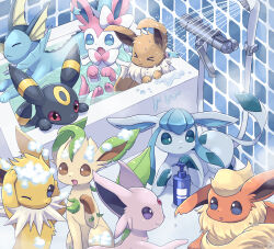 Rule 34 | &gt; &lt;, bath, bathing, bathroom, bathtub, blue eyes, brown eyes, bubble, closed eyes, closed mouth, creatures (company), eevee, espeon, flareon, game freak, gen 1 pokemon, gen 2 pokemon, gen 4 pokemon, gen 6 pokemon, glaceon, highres, hose, ibusaki (ivu), jolteon, leafeon, nintendo, open mouth, partially submerged, pokemon, pokemon (creature), purple eyes, red eyes, shampoo bottle, shower head, sylveon, tiles, umbreon, vaporeon, washing hair, wet
