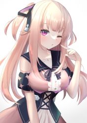 Rule 34 | black corset, blush, breasts, commission, corset, highres, hoshifuri iku, looking at viewer, medium breasts, one eye closed, open mouth, pink hair, pointing, pointing at self, prism project, purple eyes, sailor collar, skeb commission, solo, takmi, two side up, upper body, virtual youtuber, white background
