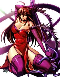 Rule 34 | 1girl, ahoge, armpits, bare shoulders, breasts, brown hair, choker, cleavage, commission, dress, elbow gloves, female focus, flame master nyx, garter straps, gloves, green eyes, jadenkaiba, kneeling, large breasts, long hair, looking at viewer, nyx (queen&#039;s blade), nyx (queen's blade), parted lips, pelvic curtain, plant, purple thighhighs, queen&#039;s blade, red dress, solo, thighhighs
