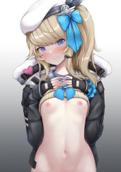 Rule 34 | 1girl, beret, blonde hair, blue bow, blue eyes, blue neckerchief, blush, bow, breast suppress, breasts, cardigan, cardigan lift, commission, fingerless gloves, girls&#039; frontline, girls&#039; frontline 2: exilium, gloves, gradient background, hat, heart stickers, highres, looking at viewer, medium hair, microphone, navel, neckerchief, nipples, no bra, out-of-frame censoring, scrunchie, side ponytail, sidelocks, skeb commission, sleeves past wrists, small breasts, solo, speech bubble, spoken blush, standing, sweatdrop, upper body, vepley (girls&#039; frontline 2), wrist scrunchie, yaosera