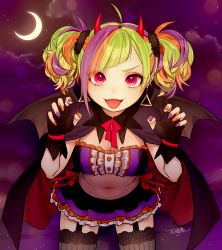 Rule 34 | 1girl, alternate costume, bad id, bad pixiv id, belly, black skirt, breasts, cape, claw pose, cleavage, crescent moon, delutaya, diagonal bangs, green hair, halloween, highres, horns, indie virtual youtuber, leaning forward, moon, multicolored hair, nail polish, navel, night, night sky, okazaki toru, open mouth, orange hair, orange nails, purple hair, red eyes, red nails, skirt, sky, small breasts, solo, thighhighs, tongue, tongue out, vampire costume, virtual youtuber