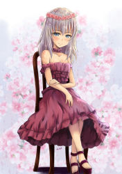 Rule 34 | 1girl, artist name, backlighting, blue eyes, blush, breasts, cherry blossoms, choker, cleavage, closed mouth, collarbone, commentary request, dress, floral background, formal, frilled choker, frilled dress, frills, full body, girls und panzer, half-closed eyes, itsumi erika, jacket, light blush, light particles, light smile, long hair, looking at viewer, medium breasts, medium dress, partial commentary, purple footwear, purple jacket, sandals, saz (sazin764), signature, silver hair, sitting, sitting on lap, sitting on person, solo, strapless, strapless dress, wooden chair