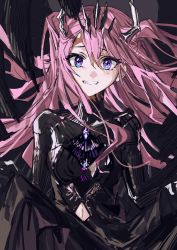 Rule 34 | 1girl, black dress, blush, clothing cutout, commentary request, curtsey, dress, fangs, grin, hair between eyes, highres, horns, long hair, looking at viewer, navel, navel cutout, original, pink hair, purple eyes, raised eyebrows, sketch, skirt hold, smile, solo, teeth, two side up, upper body, wata (attaka towel), wings