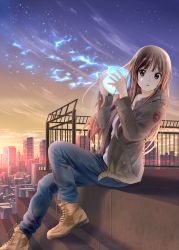 Rule 34 | 1girl, akiyama mio, backlighting, ball, black hair, blue eyes, boots, building, casual, city, cloud, denim, dresstrip, highres, jacket, jeans, k-on!, light particles, long hair, open mouth, pants, railing, rooftop, sitting, sky, solo, stairs, star (sky), surprised, twilight